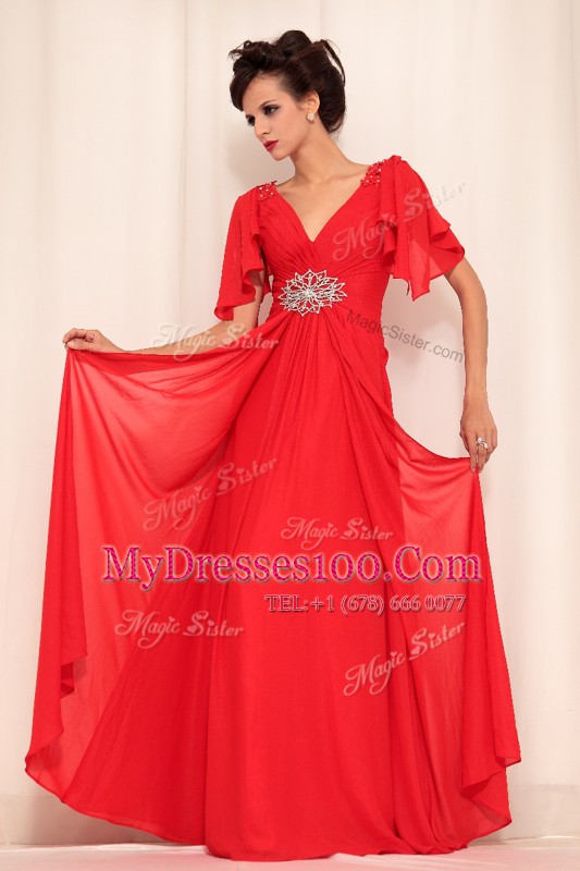 Spectacular Red Empire Beading Prom Dresses Zipper Chiffon Short Sleeves Floor Length