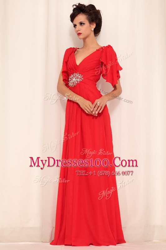Spectacular Red Empire Beading Prom Dresses Zipper Chiffon Short Sleeves Floor Length
