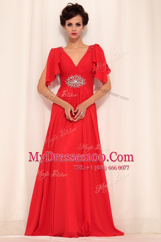 Spectacular Red Empire Beading Prom Dresses Zipper Chiffon Short Sleeves Floor Length