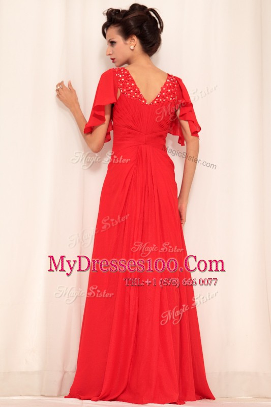 Spectacular Red Empire Beading Prom Dresses Zipper Chiffon Short Sleeves Floor Length