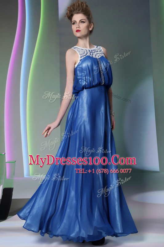 Free and Easy Scoop Floor Length Navy Blue Prom Gown Chiffon Sleeveless Beading