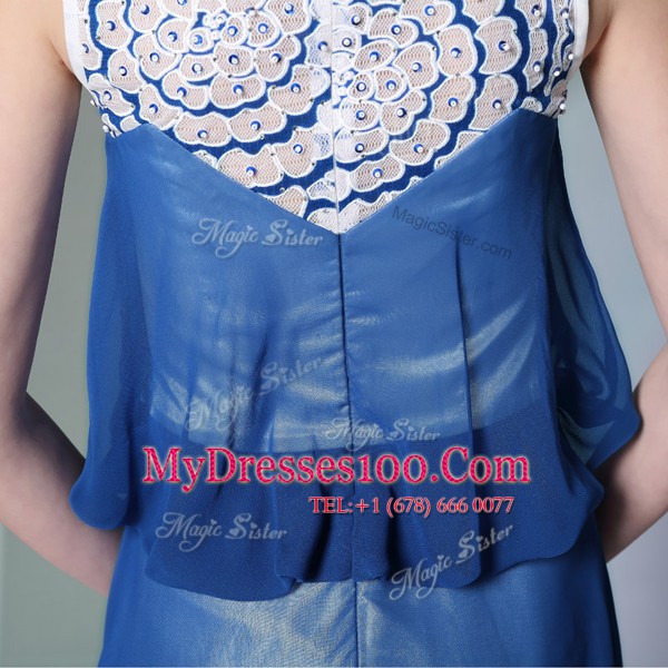 Free and Easy Scoop Floor Length Navy Blue Prom Gown Chiffon Sleeveless Beading