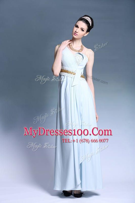 Fantastic One Shoulder Light Blue Empire Ruching and Belt Homecoming Dress Backless Chiffon Sleeveless Floor Length