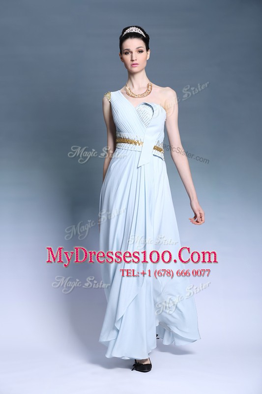 Fantastic One Shoulder Light Blue Empire Ruching and Belt Homecoming Dress Backless Chiffon Sleeveless Floor Length