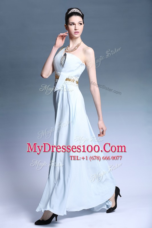 Fantastic One Shoulder Light Blue Empire Ruching and Belt Homecoming Dress Backless Chiffon Sleeveless Floor Length
