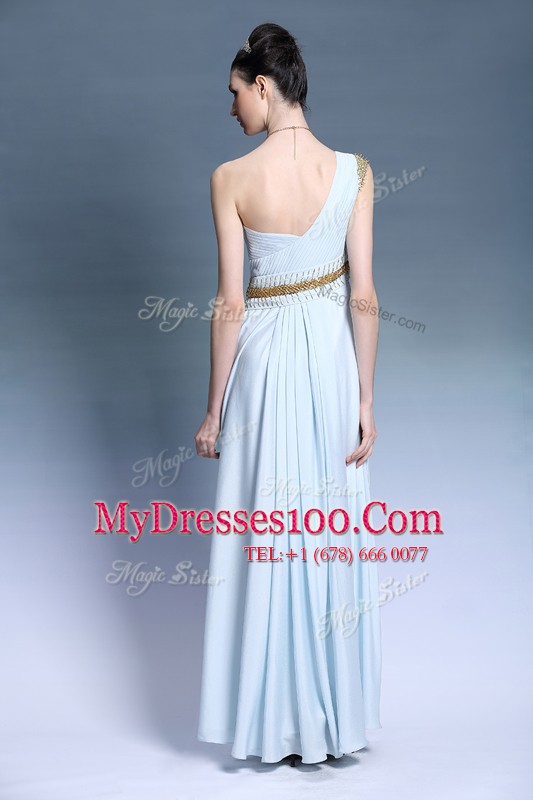 Fantastic One Shoulder Light Blue Empire Ruching and Belt Homecoming Dress Backless Chiffon Sleeveless Floor Length