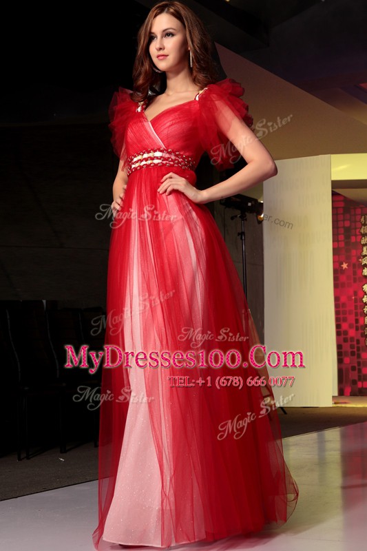 Floor Length Red Dress for Prom V-neck Sleeveless Zipper