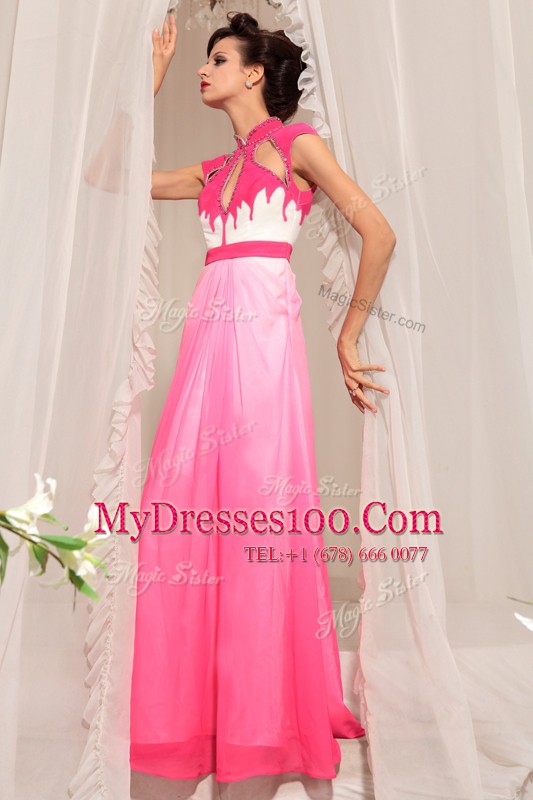 Chiffon High-neck Sleeveless Zipper Beading Homecoming Gowns in Hot Pink