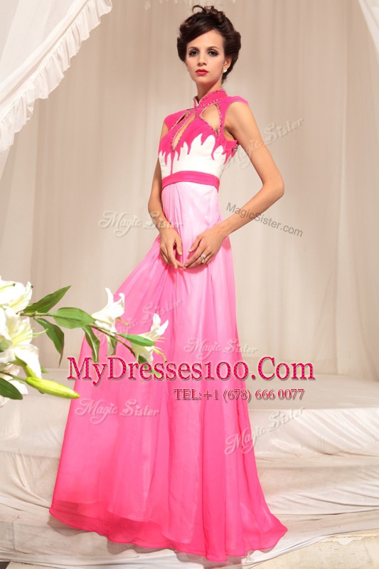 Chiffon High-neck Sleeveless Zipper Beading Homecoming Gowns in Hot Pink