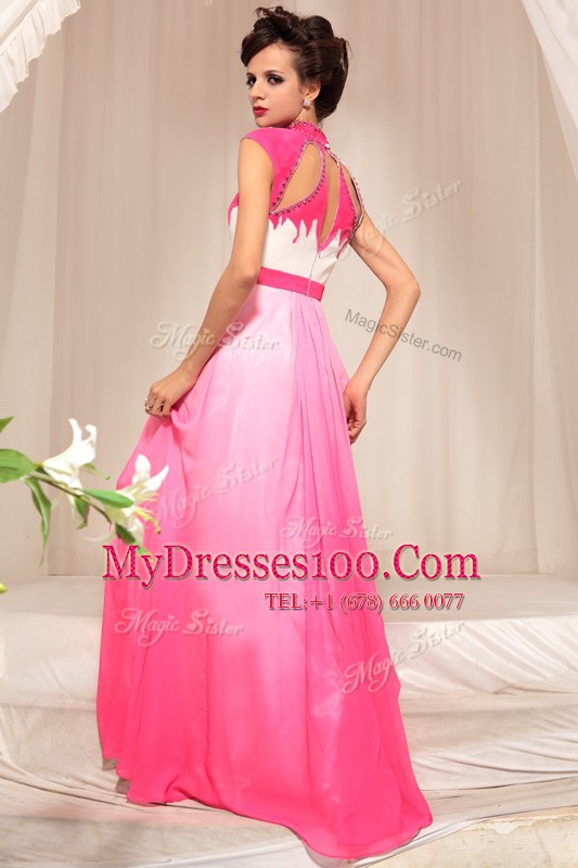 Chiffon High-neck Sleeveless Zipper Beading Homecoming Gowns in Hot Pink