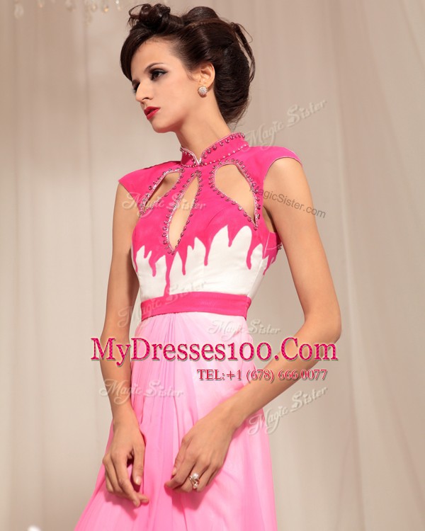 Chiffon High-neck Sleeveless Zipper Beading Homecoming Gowns in Hot Pink