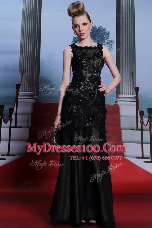 Fabulous Scoop Black Zipper Evening Dress Beading and Lace and Hand Made Flower Sleeveless Floor Length