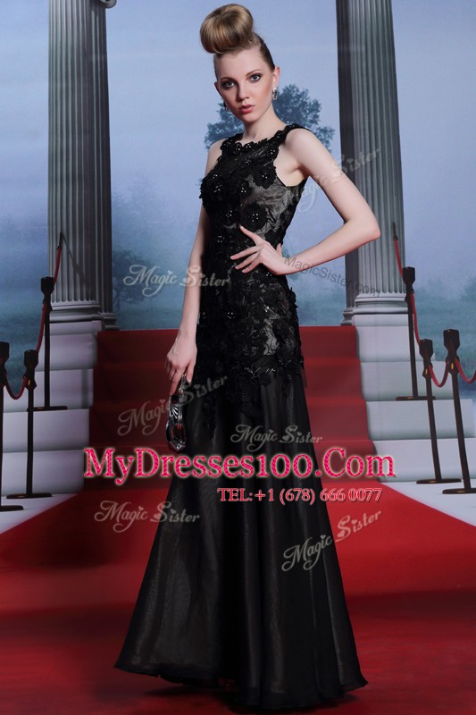 Fabulous Scoop Black Zipper Evening Dress Beading and Lace and Hand Made Flower Sleeveless Floor Length