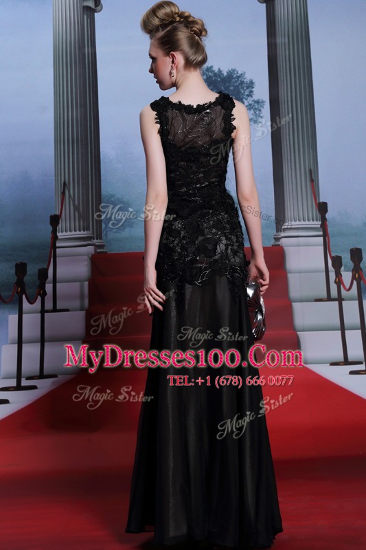 Fabulous Scoop Black Zipper Evening Dress Beading and Lace and Hand Made Flower Sleeveless Floor Length