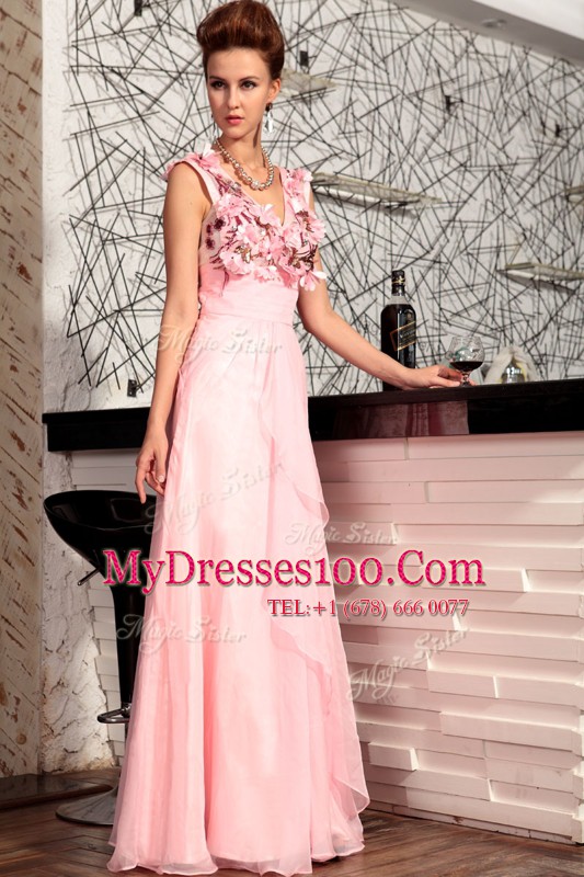 Baby Pink Zipper V-neck Appliques Going Out Dresses Satin Sleeveless