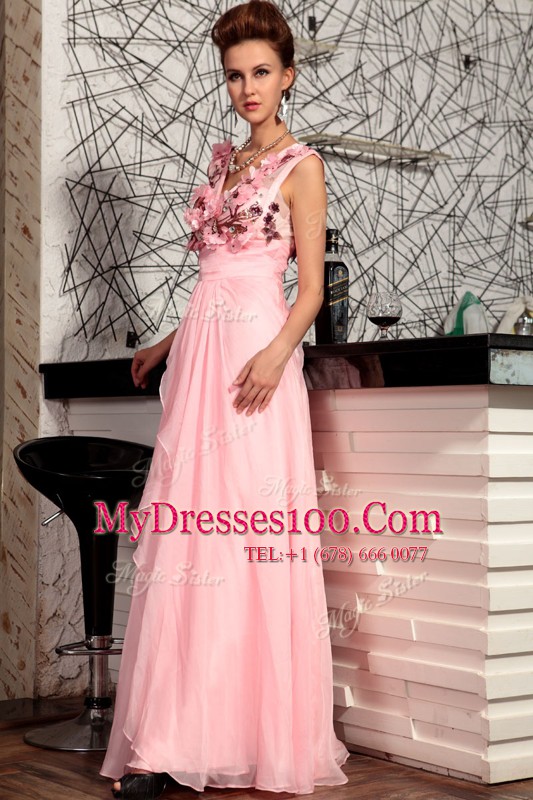 Baby Pink Zipper V-neck Appliques Going Out Dresses Satin Sleeveless