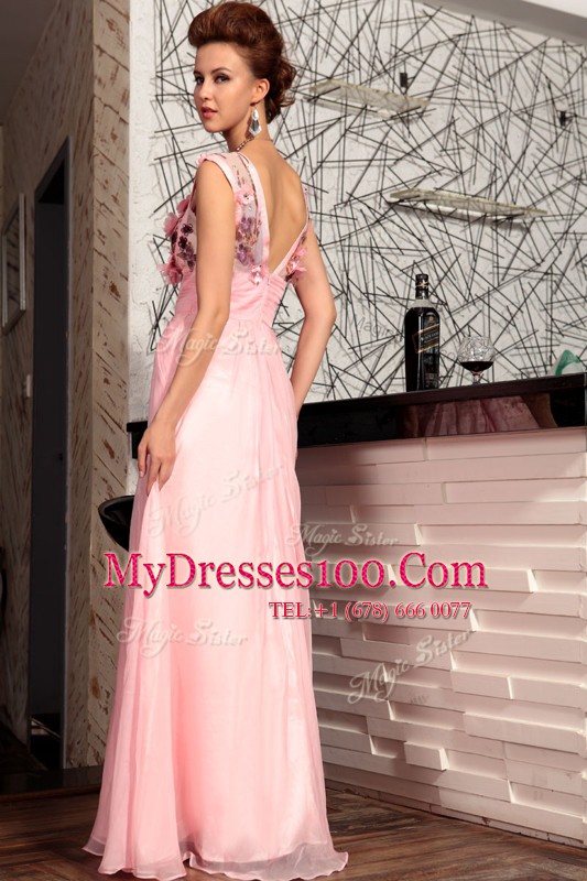 Baby Pink Zipper V-neck Appliques Going Out Dresses Satin Sleeveless