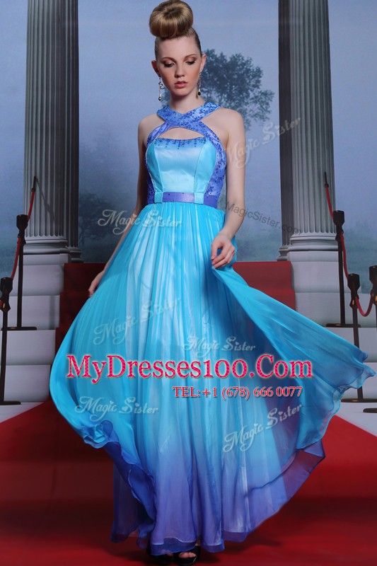 Scoop Sleeveless Chiffon Prom Evening Gown Beading and Belt Zipper