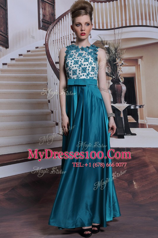 Scalloped Beading and Appliques Mother Of The Bride Dress Teal Clasp Handle Sleeveless Floor Length