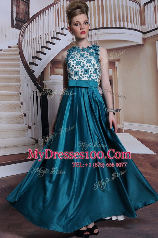 Scalloped Beading and Appliques Mother Of The Bride Dress Teal Clasp Handle Sleeveless Floor Length