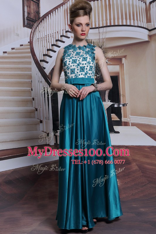 Scalloped Beading and Appliques Mother Of The Bride Dress Teal Clasp Handle Sleeveless Floor Length