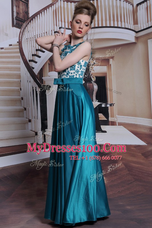 Scalloped Beading and Appliques Mother Of The Bride Dress Teal Clasp Handle Sleeveless Floor Length
