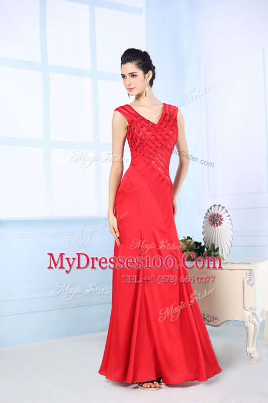 Elegant Red Side Zipper Prom Evening Gown Beading Sleeveless Floor Length