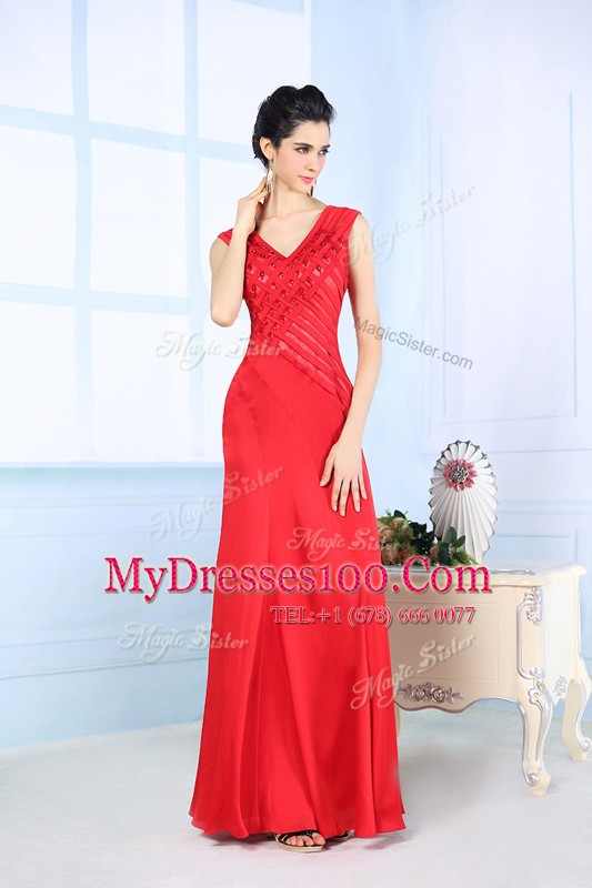 Elegant Red Side Zipper Prom Evening Gown Beading Sleeveless Floor Length