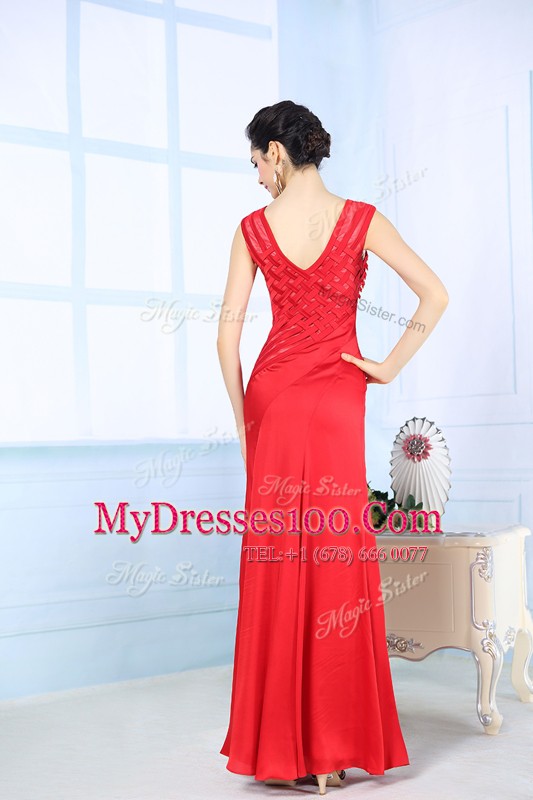 Elegant Red Side Zipper Prom Evening Gown Beading Sleeveless Floor Length