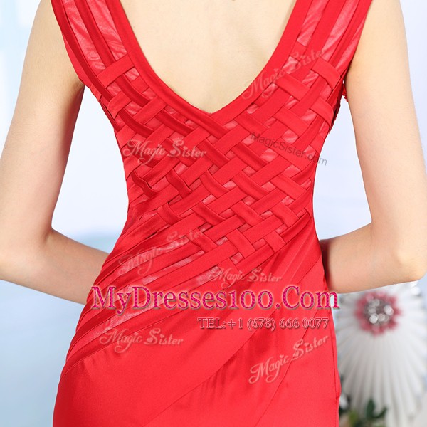 Elegant Red Side Zipper Prom Evening Gown Beading Sleeveless Floor Length