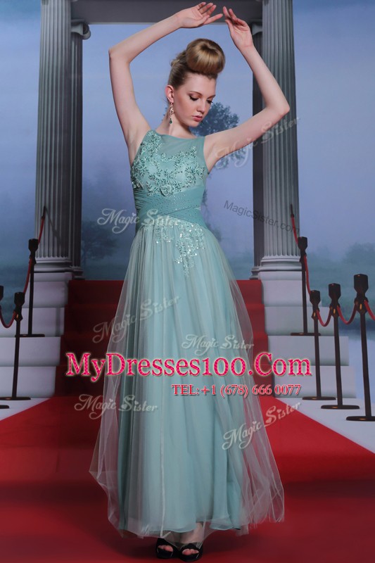 High End Light Blue Column/Sheath Bateau Sleeveless Chiffon Floor Length Side Zipper Beading and Appliques and Ruching Prom Dress