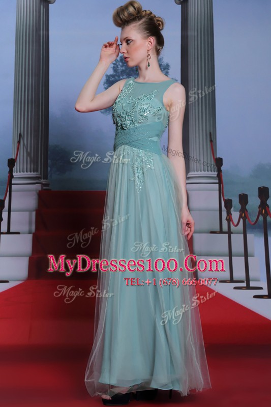 High End Light Blue Column/Sheath Bateau Sleeveless Chiffon Floor Length Side Zipper Beading and Appliques and Ruching Prom Dress