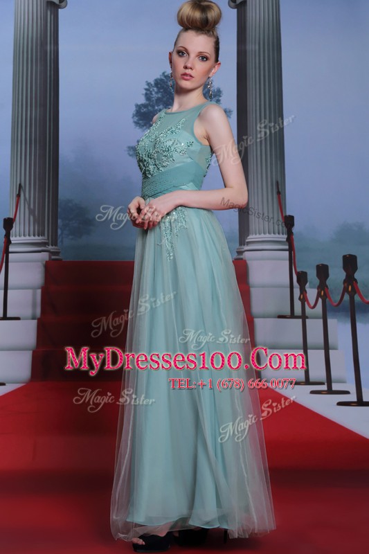 High End Light Blue Column/Sheath Bateau Sleeveless Chiffon Floor Length Side Zipper Beading and Appliques and Ruching Prom Dress