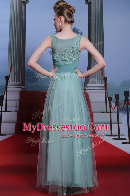 High End Light Blue Column/Sheath Bateau Sleeveless Chiffon Floor Length Side Zipper Beading and Appliques and Ruching Prom Dress