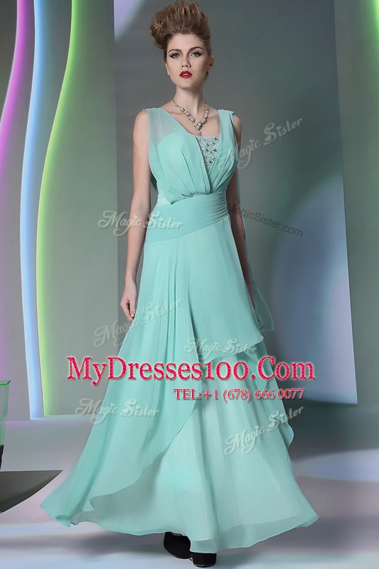 Floor Length Turquoise Mother Of The Bride Dress Chiffon Sleeveless Sequins and Ruching