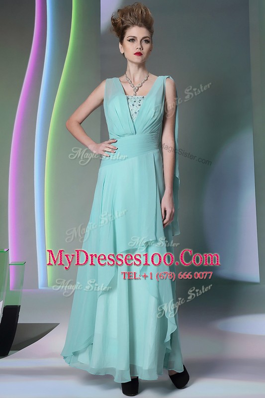 Floor Length Turquoise Mother Of The Bride Dress Chiffon Sleeveless Sequins and Ruching
