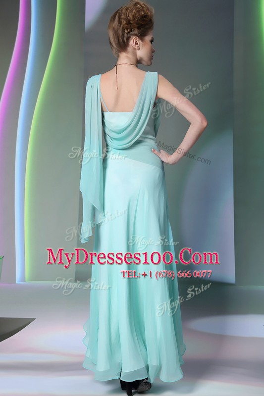 Floor Length Turquoise Mother Of The Bride Dress Chiffon Sleeveless Sequins and Ruching