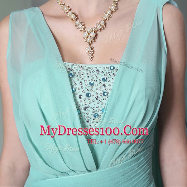 Floor Length Turquoise Mother Of The Bride Dress Chiffon Sleeveless Sequins and Ruching