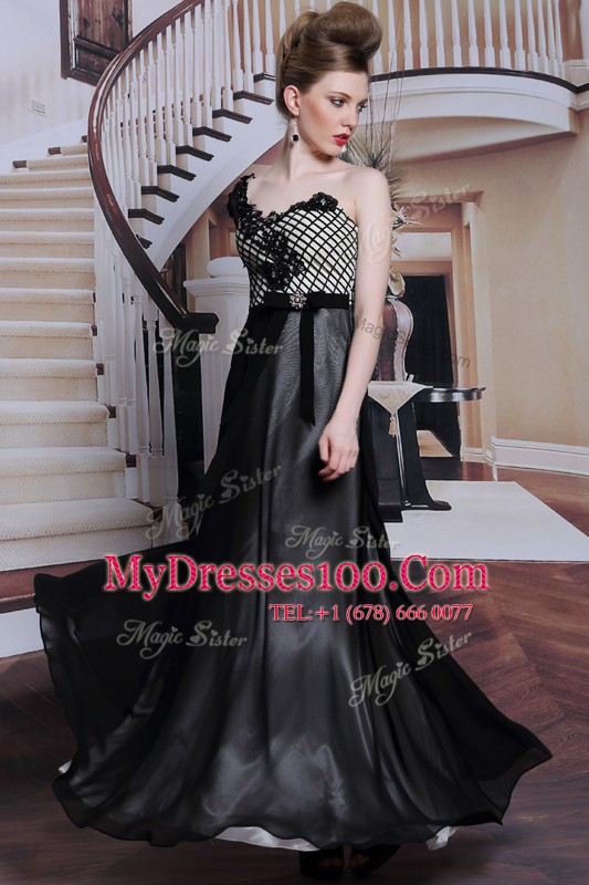 Customized Black Asymmetric Neckline Beading and Appliques and Hand Made Flower Prom Party Dress 3 4 Length Sleeve Side Zipper