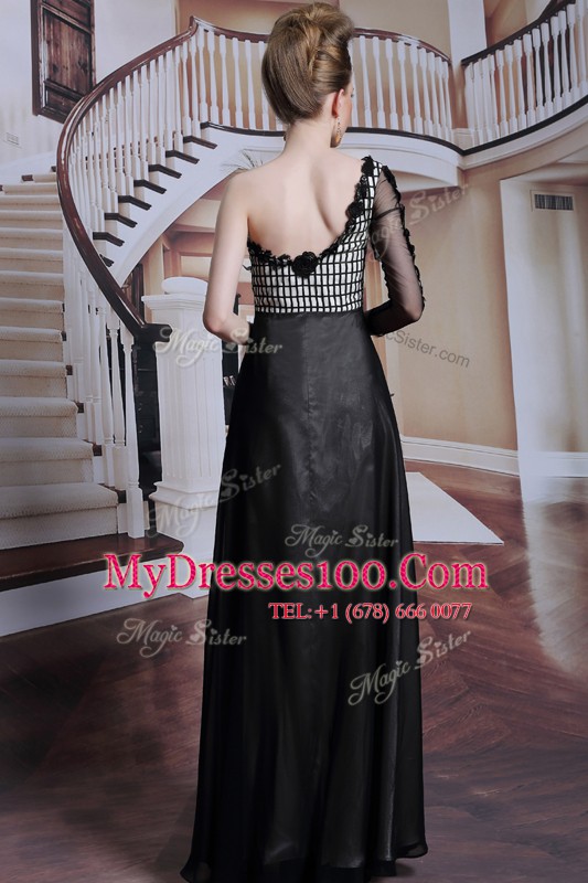 Customized Black Asymmetric Neckline Beading and Appliques and Hand Made Flower Prom Party Dress 3 4 Length Sleeve Side Zipper
