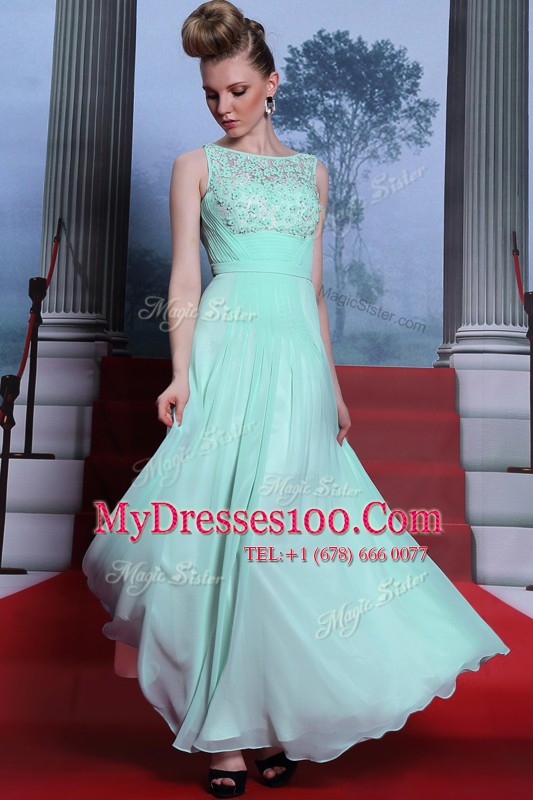 Apple Green Scoop Side Zipper Beading and Ruching Mother Of The Bride Dress Sleeveless