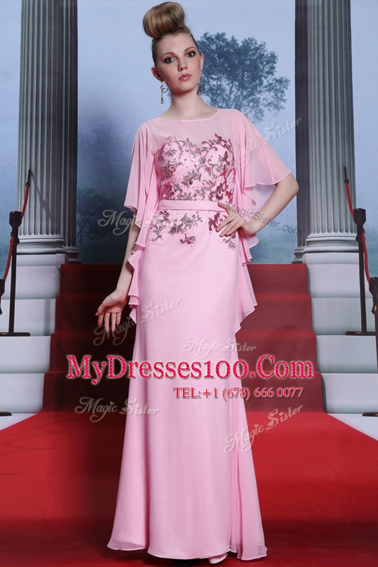 Scoop Rose Pink Half Sleeves Floor Length Beading Zipper Mother Of The Bride Dress