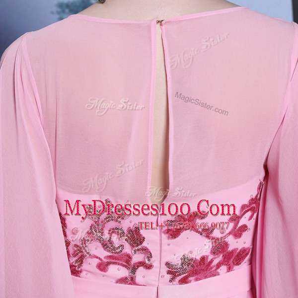 Scoop Rose Pink Half Sleeves Floor Length Beading Zipper Mother Of The Bride Dress