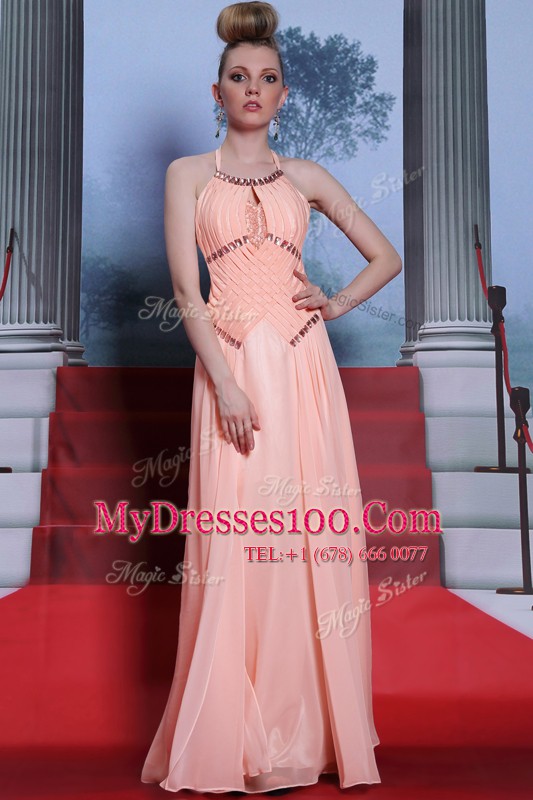 Dynamic Halter Top Floor Length Peach Evening Dress Chiffon Sleeveless Beading and Sashes ribbons