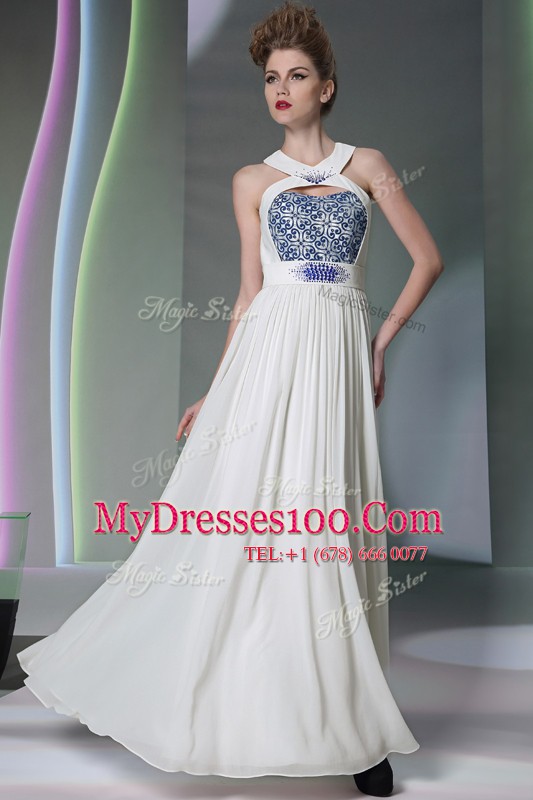 Fabulous White Zipper Halter Top Beading and Embroidery Chiffon Sleeveless