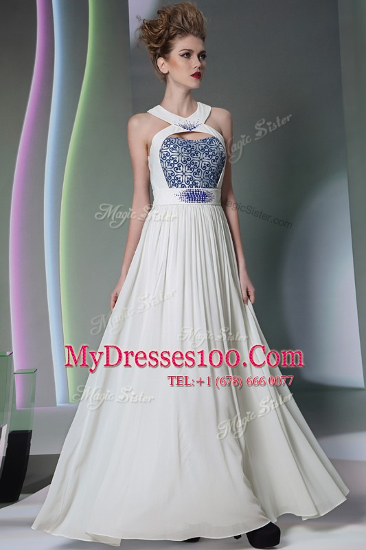 Fabulous White Zipper Halter Top Beading and Embroidery Chiffon Sleeveless
