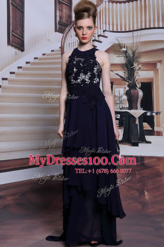 Flare Scoop Sleeveless Chiffon Floor Length Lace Up Prom Dress in Black with Beading and Lace