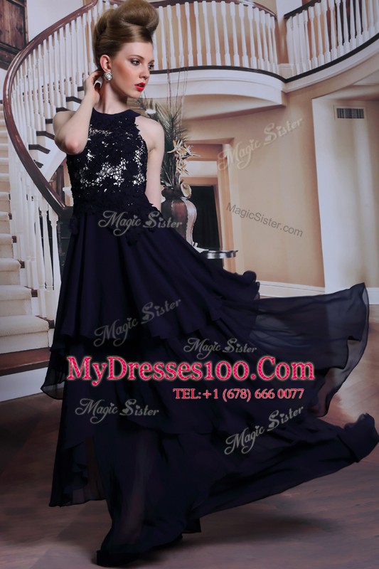 Flare Scoop Sleeveless Chiffon Floor Length Lace Up Prom Dress in Black with Beading and Lace