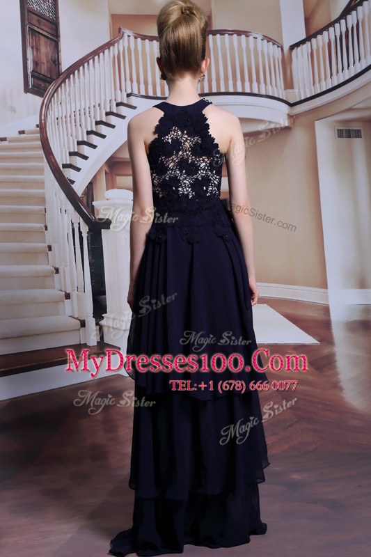 Flare Scoop Sleeveless Chiffon Floor Length Lace Up Prom Dress in Black with Beading and Lace