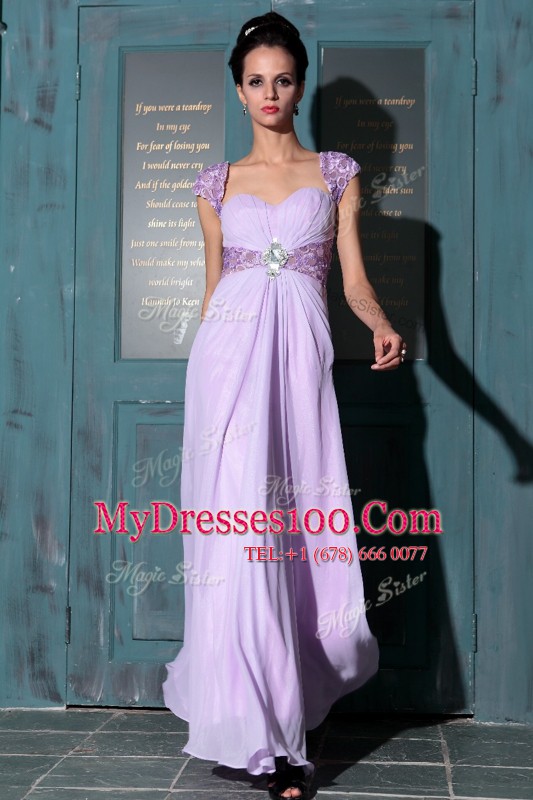 Fashionable Floor Length Lavender Prom Dresses Organza Sleeveless Beading